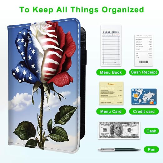 Server Books for Waitress, with 7 Large Pockets, Waiter Serving Book, Waitstaff Server Order Pads, Cute PU Leather Server Book with Pen Holder Fit Server Apron,USA Flag Rose - Image 5