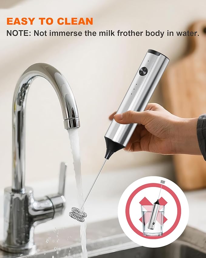 Rechargeable Milk Frother with Stand, Handheld 3-Speeds Coffee frother with 2 Whisks, Electric Frother Wand for Coffee, Latte, Cappuccino, Hot Chocolate, Matcha and Egg Mini Frother, Silver
