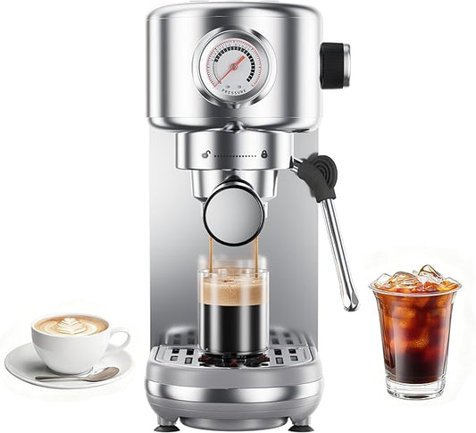 Espresso Machine, 20 Bar Compact Espresso Coffee Machine with Milk Frother, Stainless Steel Coffee Maker with 44oz Removable Water Tank & Fast Heat System for Cappuccino, Latte