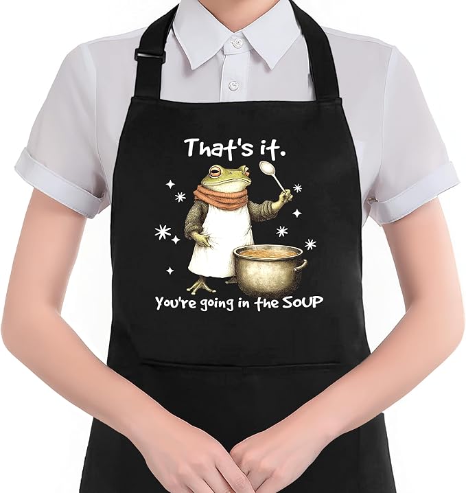 Humor Funny Frog Apron with Pockets, Gifts for Frog Lovers, You're Going in the Soup Sarcastic Animal Waterproof Adjustable Cooking Apron for Kitchen Dishwashing Grilling by HUGANE