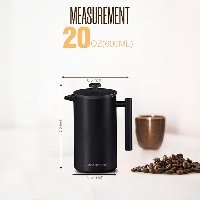 Utopia Kitchen 304 Grade Stainless Steel French Press Coffee Maker 21 Oz, Double Wall Insulated Coffee Press with 4-Level Filtration system, Include 2 Extra Filters, Rust-Free, Black