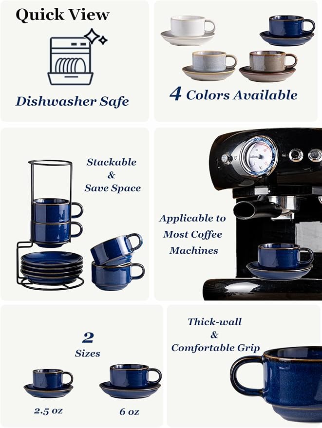 Gomakren 6 Ounce Cappuccino Cups with Saucers and Metal Stand, Stackable Coffee Cup Set of 4, Valentine Porcelain Espresso Cups for Coffee Drinks, Cappuccino, Latte, Americano, Tea, Cobalt Blue