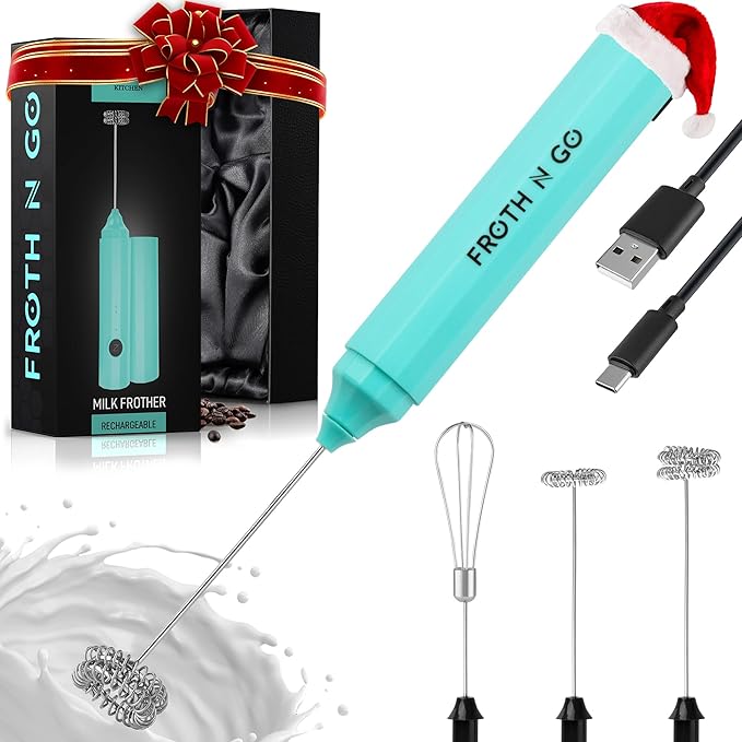 Zulay Froth N Go Milk Frother – Rechargeable 3-in-1 Handheld Frother Wand with Travel Case & USB-C Charger – Single, Double & Egg Whisk for Latte, Cappuccino, Matcha, Protein Shakes – Aqua