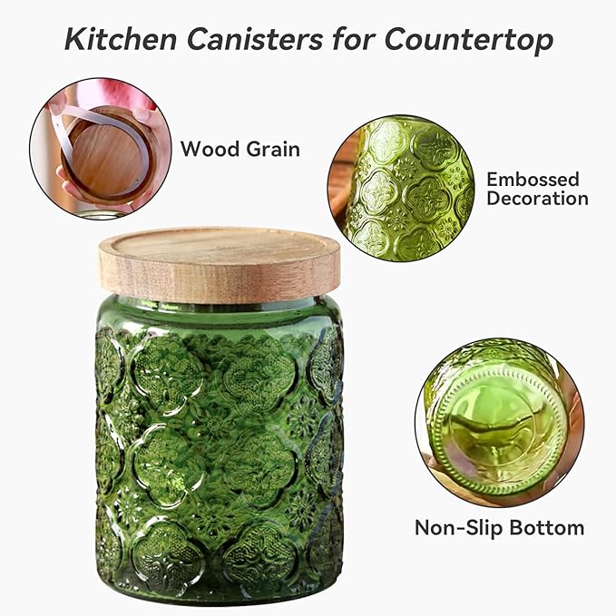 Glass Jar with Lid, Vintage Glass Storage Jars with Airtight Lid Coffee Canister Sugar Container for Kitchen Counter Pantry, Flour, Candy, Tea, Coffee Beans, Oats (Sunflower Green*2)