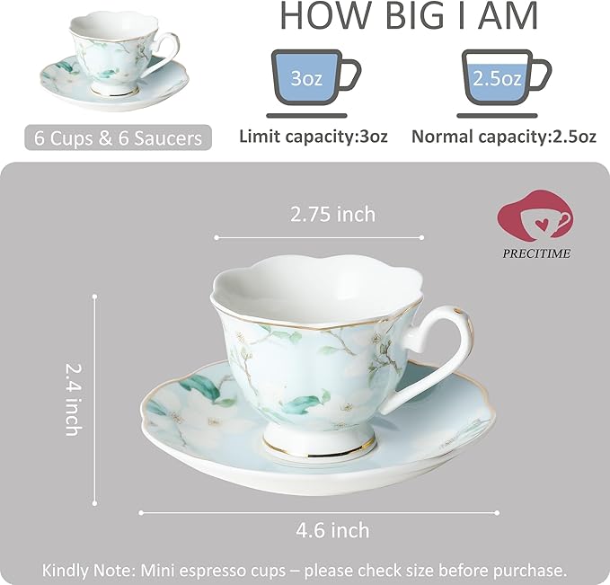 Porcelain Demitasse Cup Set of 6 (12-Piece) - 2.5oz Artisan Embossed Floral Cups and Saucers with Gold Trim for Turkish Coffee, Gift