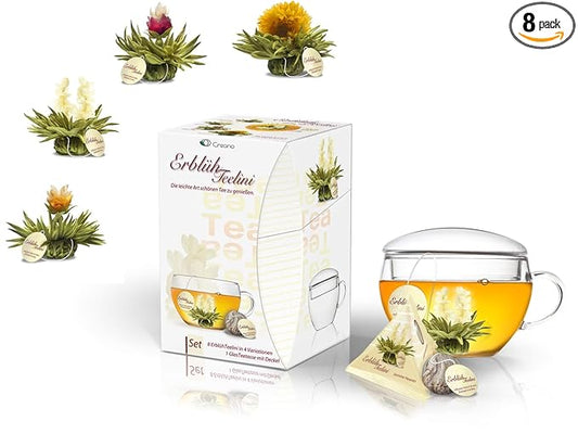 Creano Tea Gift Set Blooming Tea in Cup Size - 8 pcs Flowering White Tea with Glass Tea Cup - 7oz (200ml)