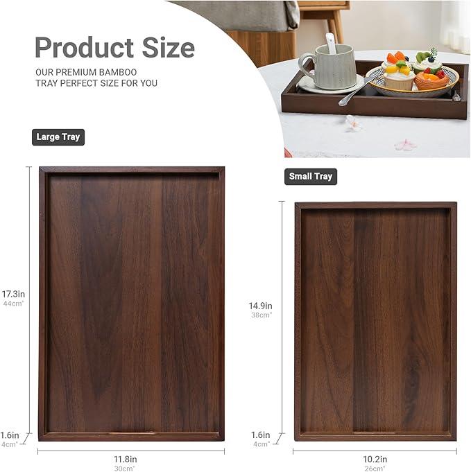 17.3‘’x11.8''x1.57''Large Bamboo Wooden Tray with Handles, Rectangular Natural Solid Wood, Walnut Brown Color Serving Tray.Suitable for Kitchen,Bedroom,Breakfast,Coffee,Decorative,Party Bars.