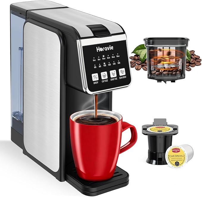 Single Serve Coffee Maker with Built-in Grinder, Fast Brew 6-16oz Single Cup for Whole Beans, Grounds, K-Cup, Grind and Brew Coffee Maker with 47oz Water Tank, Descaling Alert, Black