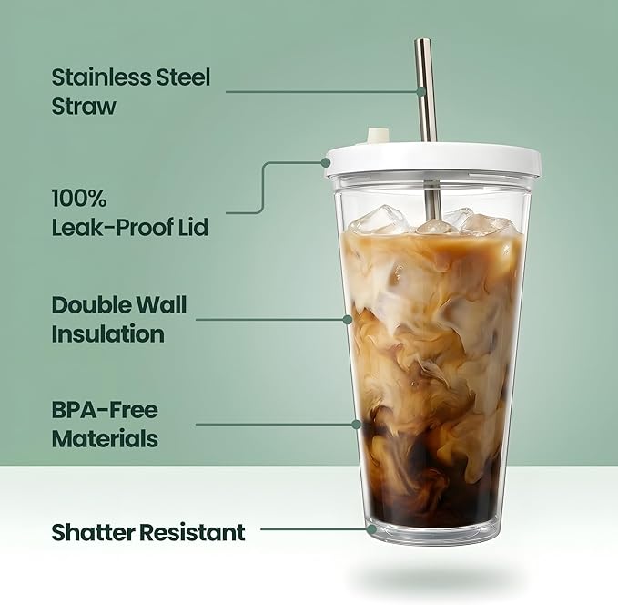 Reusable Iced Coffee Cup (16 Oz/Grande), Leak Proof and Double Wall Insulated Iced Coffee Tumbler, Come with Reusable Plastic and Metal Straws and Straw Cleaner - White