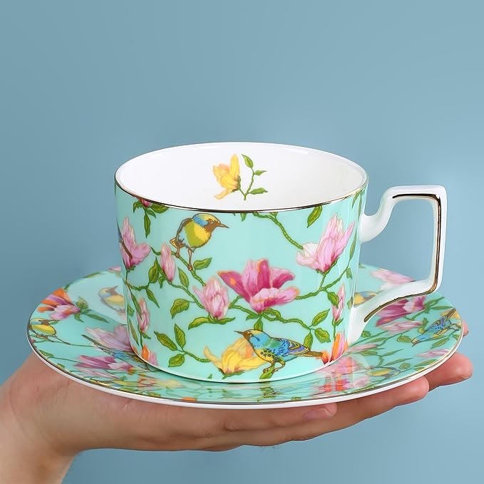 Vintage 8 Ounces Teacup and Saucers Set Floral Tea Cups Set Bone China TeaCups Coffee Tea Cup for Tea Party Women Mom (Green)