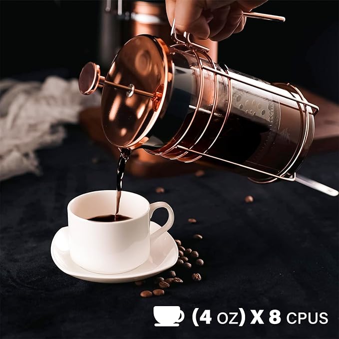 French Press, 34 Ounce (1000ml) Coffee Maker, Glass Rose Gold Coffee Press, Heat Resistant Borosilicate Glass Tea Maker and 3 layers Filter Coffee Pot for Camping Travel Gifts