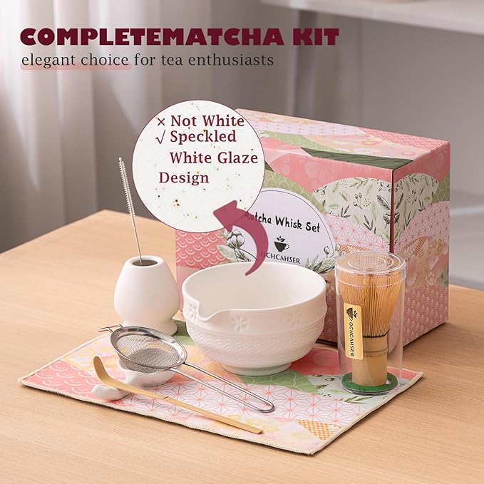 Matcha Tea Set, 8 Pcs Japanese Matcha Kit with Cherry Blossom and Wave Design Ceramic Bowl, Bamboo Whisk, Whisk Holder, Scoop, Sifter, Brush, Matcha Kit Set for Matcha Lovers (Speckled White)