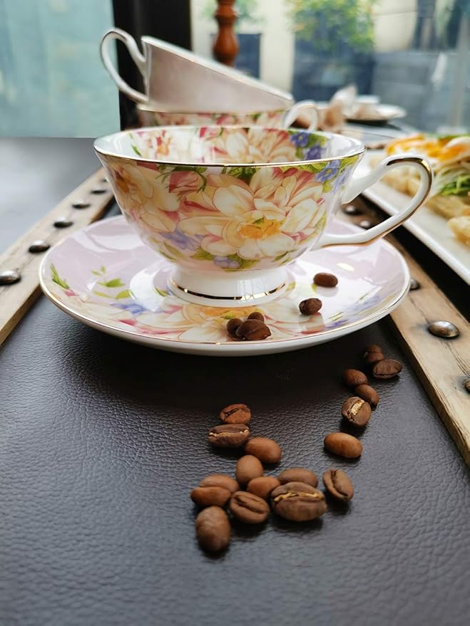 Pink Tea Cup,Floral Tea Cup and Saucer Set,Bone China Tea Set,Coffee Cup,Tea Set for Adults/Friends/Women/Men,7OZ