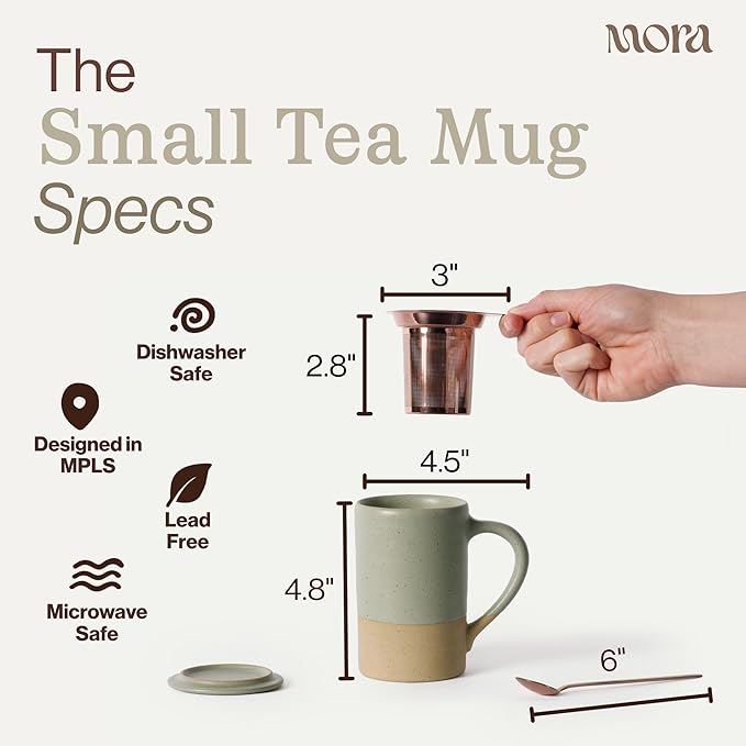 MORA Ceramics Tea Cup with Loose Leaf Infuser, Spoon and Lid, 12 oz, Microwave and Dishwasher Safe Coffee Mug - Rustic Matte Ceramic Glaze, Modern Herbal Tea Strainer - Great Gift for Women, Thyme