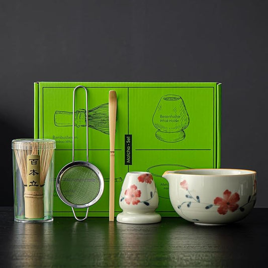 Matcha Set, Matcha Whisk Set Includes Hand-Drawn Matcha Bowl with Spout, Bamboo Whisk, Matcha Whisk Holder, Bamboo Scoop, Sifter - 5pcs Perfect Matcha Kit for Matcha Tea Ceremony