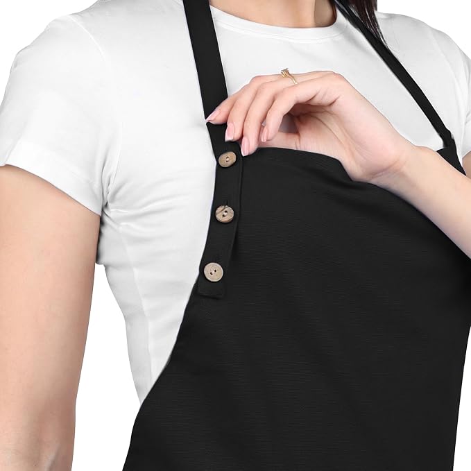 Kitchen Apron Cotton Waterdrop Resistant with adjustable Aprons for Women with Pockets 8 Color option Cooking (Black) - Image 2