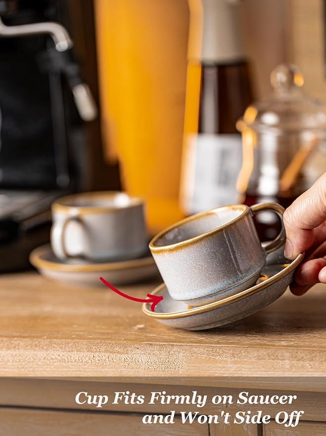 Gomakren 2.5 Ounce Espresso Cups Set of 4, Small Stackable Coffee Cups with Saucers and Metal Stand, Valentine Porcelain Demitasse Cups for Specialty Coffee Drinks, Espresso, Cappuccino, Latte, Gray
