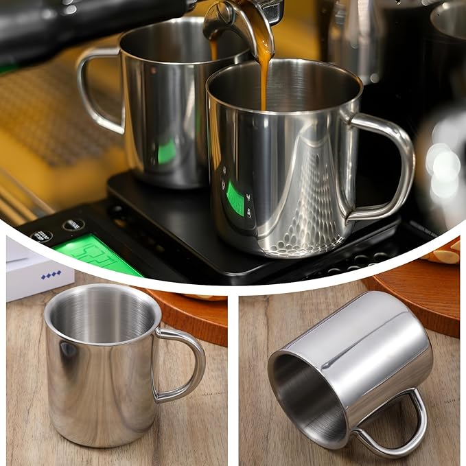 4 PCS Stainless Steel Cups Mit Handle, 10oz/300ml Metal Double Walled Cups Anti Scalding Insulated Mugs Reusable Metal Cup Tumbler for Home Camping Travel Outdoors Coffee, Milk,Tea and Cold or Hot