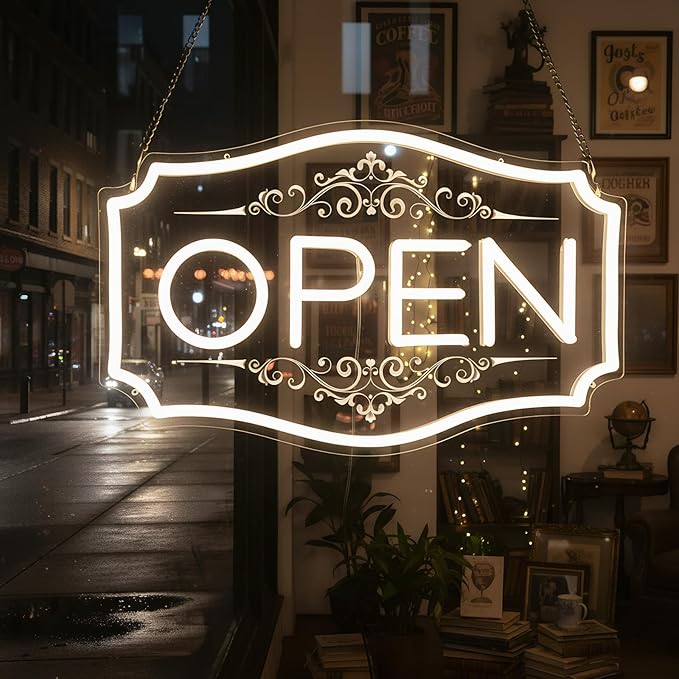 Open Sign for Business, LED Dimmable Neon Open Sign with 12V/2A Adapter, 16.5" x 10.5", Warm White, Bright LED Visibility to Light Up Window, Wall, Bar, Coffee, Salon and Store