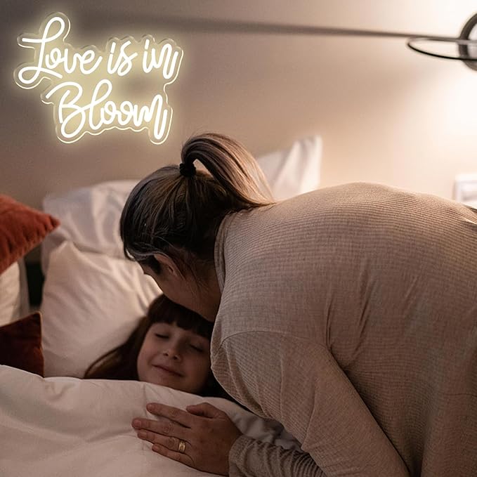 Love Is In Bloom Neon Sign Warm White Led Neon Signs for Wall Decor Dimmable Led Lights Signs Wedding Neon Light Sign for Engagement Birthday Valentines Decorations Gift