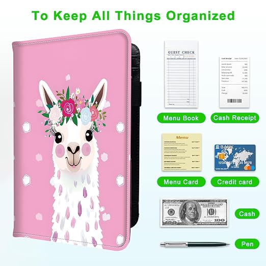 Server Books for Waitress, with 7 Large Pockets, Waiter Serving Book, Waitstaff Server Order Pads, Cute PU Leather Server Book with Pen Holder Fit Server Apron,Llama with Flower Crown - Image 5
