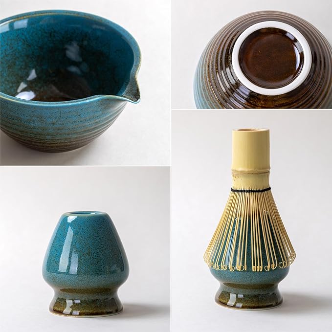 Traditional Matcha Tea Ceremony Set with Ceramic Bowl, Bamboo Whisk, Stand and Strainer, 5-Piece (blue)