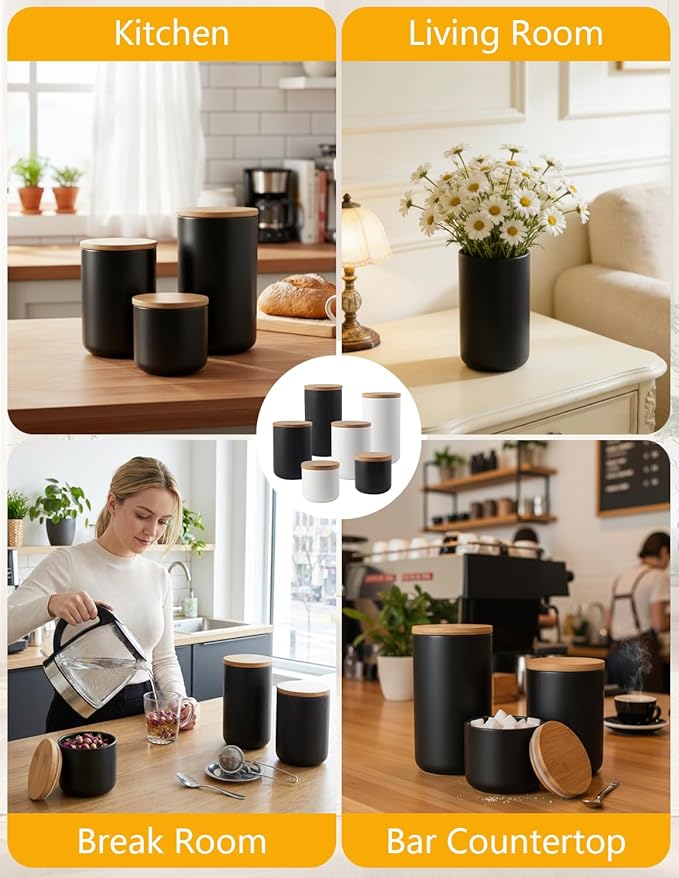 YYW Ceramic Food Storage Containers with Lids, Kitchen Canisters for Countertop, Black Food Containers Jar for Flour, Coffee Bean, Sugar, Tea, Spices and More, Home Decor (1000ml/33.81oz)