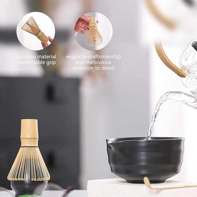 Matcha Tea Set – Traditional Japanese Ceremony Kit with 18.5OZ Ceramic Bowl, Bamboo Whisk, Scoop, and Holder – Ideal for Authentic Matcha Preparation and Gifting (Matte Black)