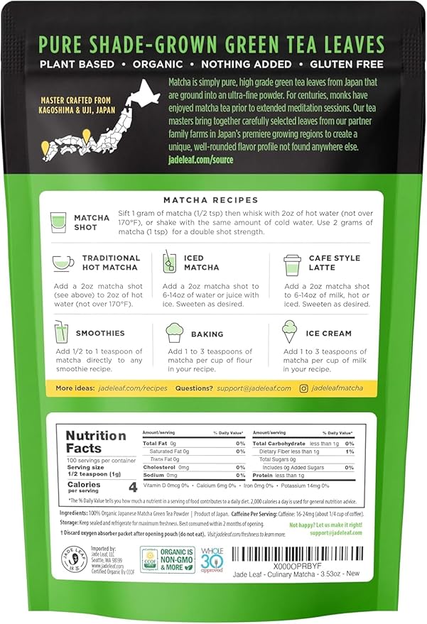 Jade Leaf Matcha Organic Culinary Grade Matcha Powder - Japanese Green tea for Baking, Smoothies, Lattes, and Skin Care, 100g / 3.53 Ounce (Pack of 1)