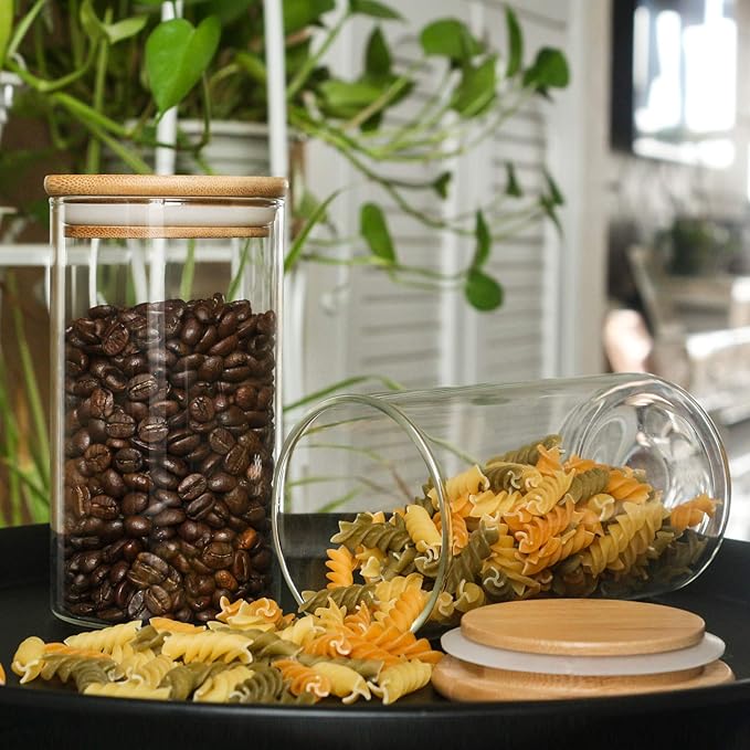 Glass Storage Jar With Airtight Seal wooden, Lid, 25 Ounce Set of 2, 750ml Coffee Bean and Kitchen Food Container
