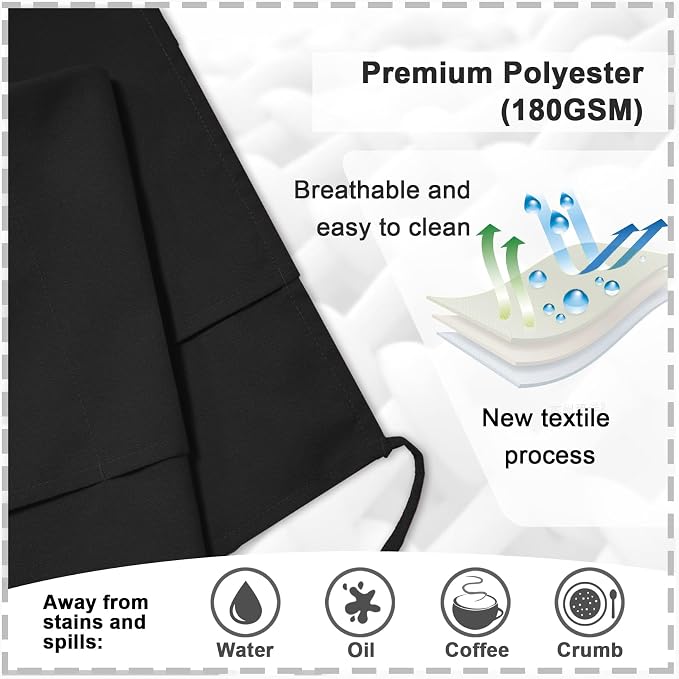 PLOYMONO 2P Black Server Apron with 3 Pockets, Short Waist Waitress Apron | Polyester Short Waiter Apron with 3 Deep Pockets, Great for Restaurant Servers, Bartenders, Hosts, Baristas - Image 3