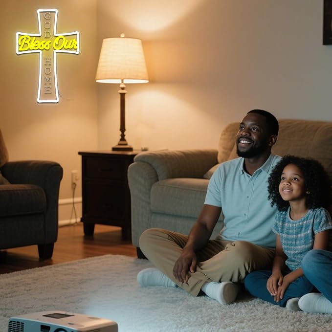 God Bless Our Home Neon Sign for Wall Decor Dimmable Jesus Cross Led Sign for Christian Home Neon Light for Church Party Christams Decoration Prayer Room Religious Gift
