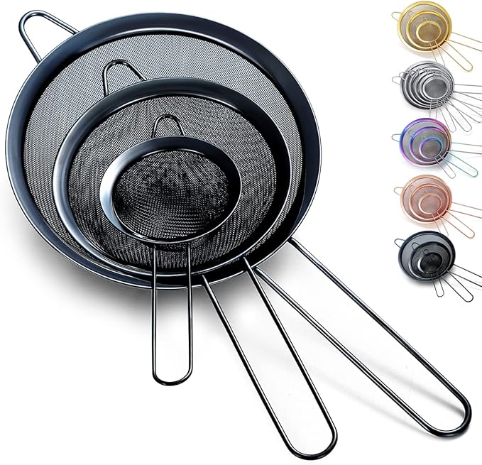 Kyraton Black Fine Mesh Strainer 3 Pieces Set, Flour Sifter For Baking, Stainless Steel Clander, Matcha Tea Strainer, Gravy Separator, Stasher Sieve Pasta Strainers