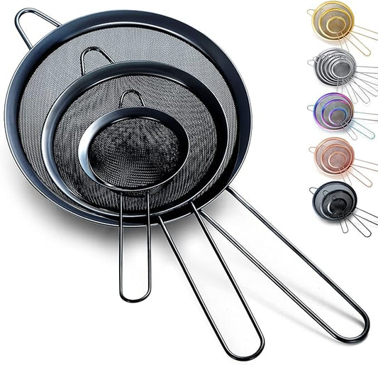 Kyraton Black Fine Mesh Strainer 3 Pieces Set, Flour Sifter For Baking, Stainless Steel Clander, Matcha Tea Strainer, Gravy Separator, Stasher Sieve Pasta Strainers