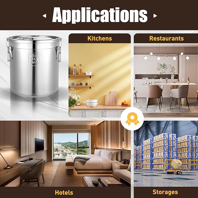 304 Stainless Steel Airtight Canister, Kitchen Metal Food Storage Canisters w/Airtight Lid & Locking Clamp, Cereal Container for Rice Flour Milk Coffee Bean, Silver (33L)