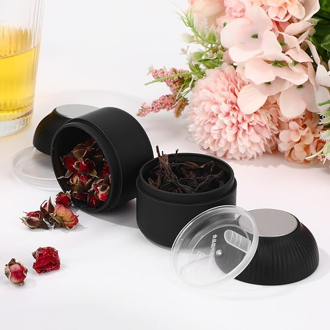 50 Pcs Mini Tea Tin Canister with Airtight Double Lids 2.5 oz Bulk Small Round Metal Tinplate Tea Tin Can Tiny Kitchen Containers for Loose Teas Spices Coffee Herb Sugar Candy (Black)