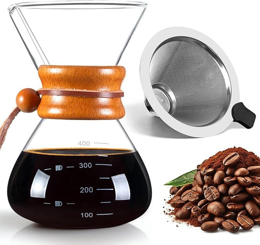 Pour Over Coffee Maker with Stainless Steel Filter, Pour Over Coffee,Pour Over Coffee Dripper, 13.5 OZ, Drip Coffee Maker, High Heat Resistant Carafe, also for Camping, Hiking
