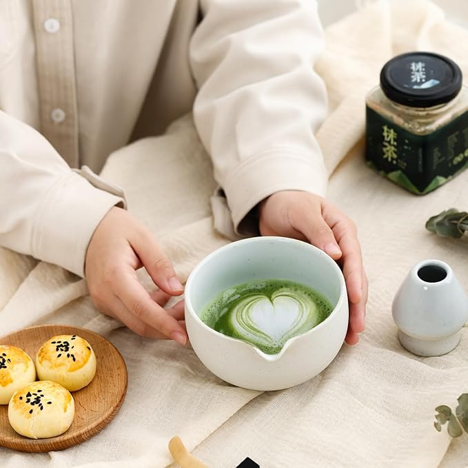 Matcha Set, Japanese Tea Set Includes Matcha Bowl with Spout, Matcha Whisk Holder (chasen), 15.2 oz Handcrafted Coarse Pottery Ceramic Matcha Kit for Matcha Lovers