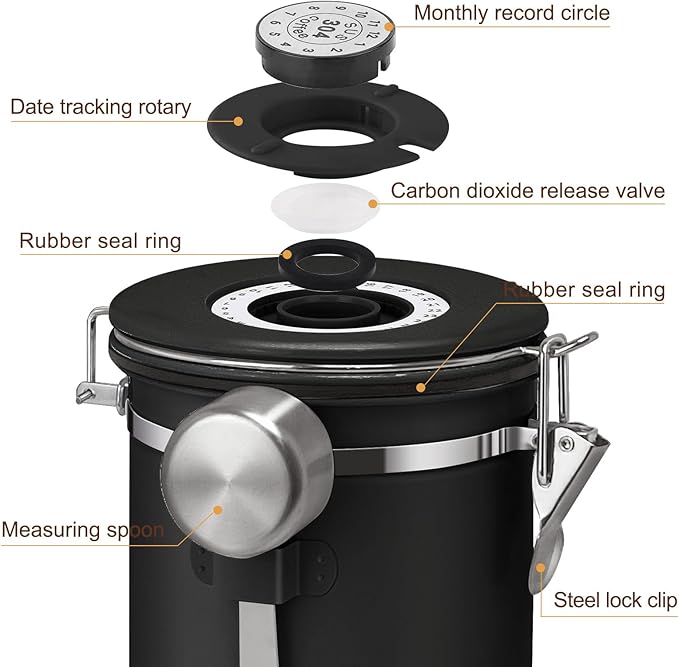 1.8L Airtight Vacuum Coffee Canister, Stainless Steel Storage Container for Coffee Beans and Grounds with Scoop.Suitable for coffee powder, coffee beans, rice, tea leaves, sugar, flour, and grains