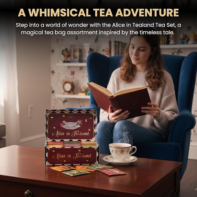 Alice’s Adventures in Wonderland Tea Gift Set – 90 Count Literary Tea Bags Variety Pack with Book Quotes and Illustrations | Alice in Tealand Collection | 6 Whimsical Inspired Flavors Teas Gift Set