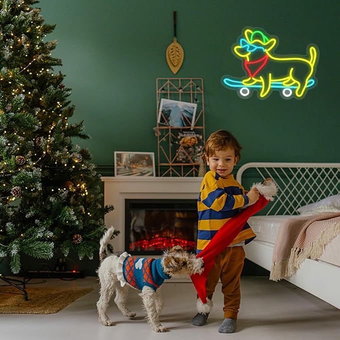 Dachshund Neon Sign Skateboard Dog Neon Sign with Cowboy Hat Animal Light Up Sign Dimmable Glasses Dog LED Neon Light for Pet Shop Bedroom Wall Home Party Decor, Dog Lover