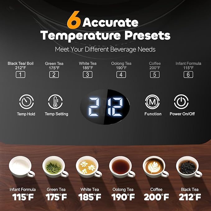 Electric Tea Kettle with Infuser Temperature Control and Automatic Shut Off 24 H Keep Warm for Coffee Water Heater and Tea Pot Glass Black 1.5L