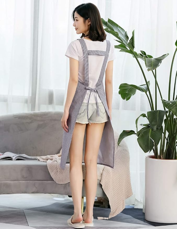 NEWGEM 100% Cotton Cute Gingham Apron with Pockets - Korean Style H-Back Pinafore for Florist, Housekeeping, Art Teacher (Purple Doggy) - Image 4