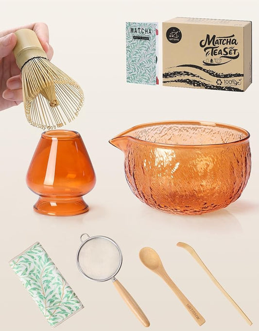 Matcha Whisk Set, 7 Pcs, Matcha Kit Includes Matcha Bowl, Matcha Whisk and Holder, Bamboo Scoop, Spoon, Sifter and Tea Towel, Matcha Set, Gift for Matcha Lovers & Beginners (Amber)