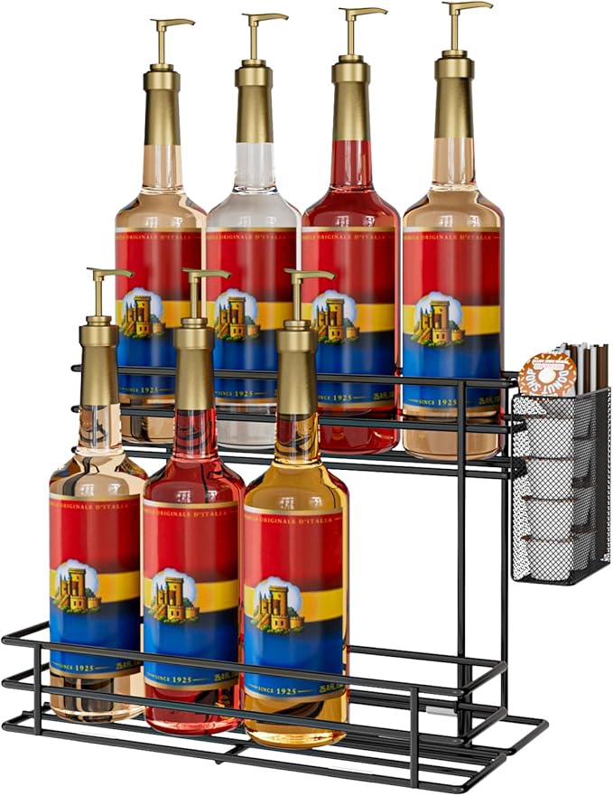 OVICAR Coffee Syrup Organizer Rack - 8 Bottle Holder Stand for Coffee Bar & Station Accessories with Straw & Pod Basket, 2 Tiers Black