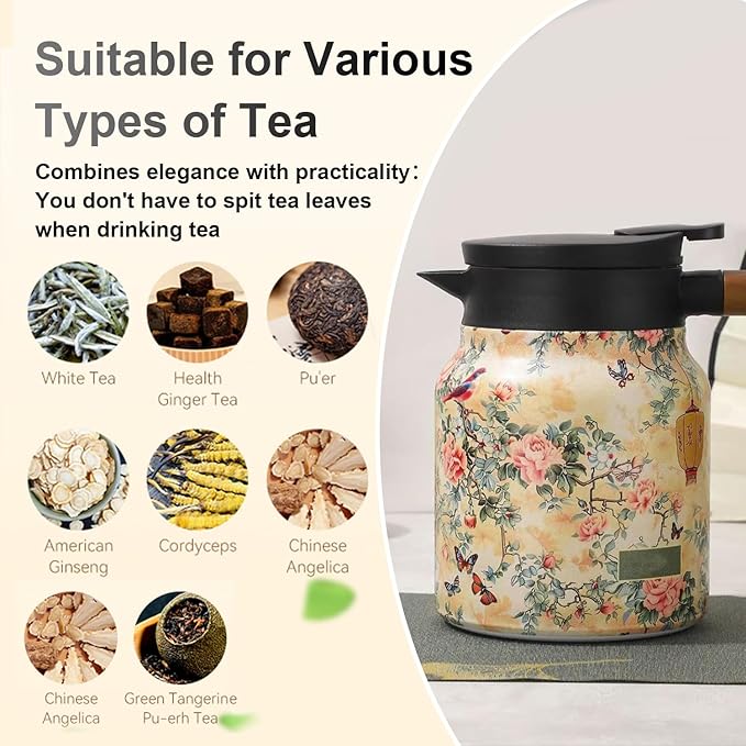 Insulated Tea Pots,Vintage Floral Pattern Tea Pot-Built-in Infuser,Colorful Vintage Floral Pattern Teas,Stainless Steel Teapot 1000mL with Lid for Hot Drinks,Blue(Wooden Handle,35OZ)