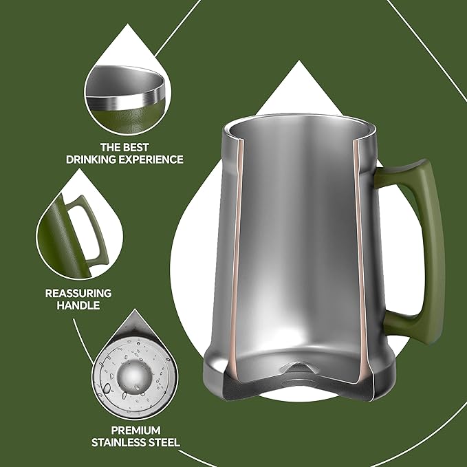 Ideus Insulated Beer Stein, 24/32oz Stainless Steel Double Walled Beer Mug Giant Bar Drinkware Metal Beer Cup with Big Grip Handle (Olive Green, 34oz (1,000ml))