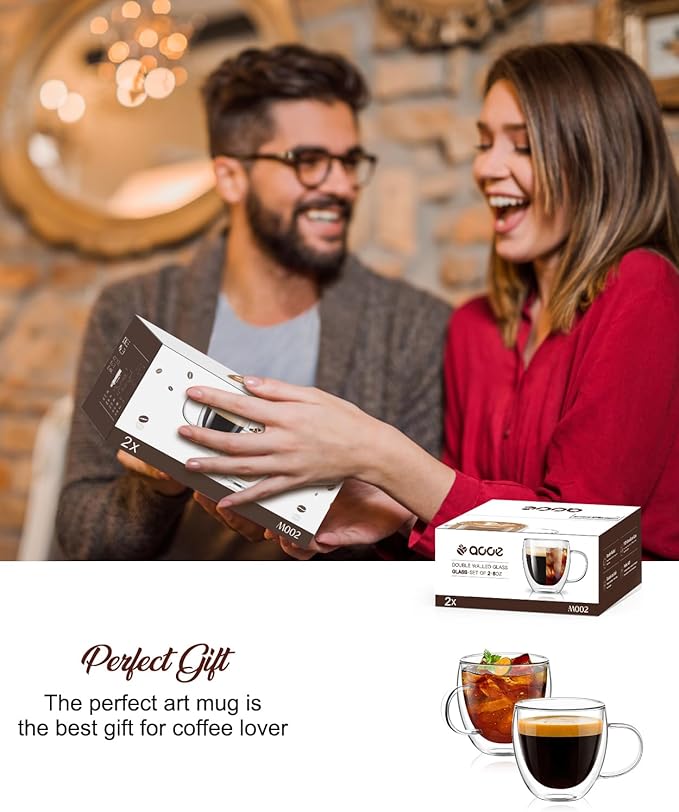 Espresso Cups Set of 2,Hand Blown 5oz Double Walled Insulated Espresso Coffee Mugs with Handle,Perfect for Cappuccino, Latte, Tea, Clear Glass Espresso Shot Cups Suitable for Coffee Machine