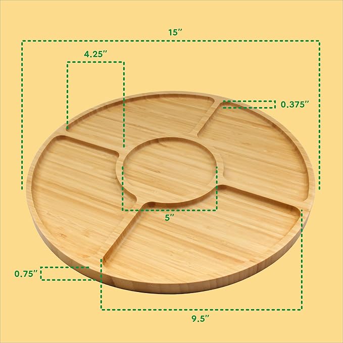 BambooMN Natural 15" Bamboo Round 5 Compartment Serving Tray/Platter, Charcuterie Board, Perfect for Snacks, Party Platter, Appetizers - 3 Trays