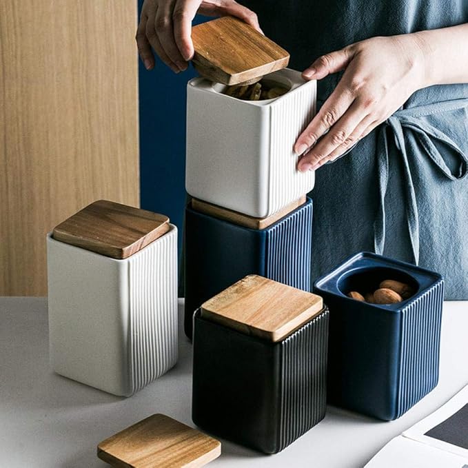 Food Storage Canister, Square Ceramic Cookie Jars Kitchen Canister with Airtight Lid, Good for Coffee Bean, Tea, Spices or Snacks Storage (Black,Large)